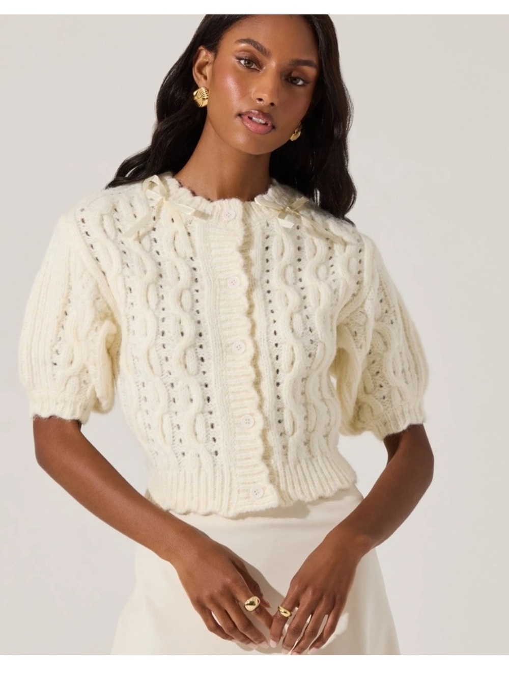 Astr Cream Cable Knit Short-Sleeve Cardigan with Ribbon Accents